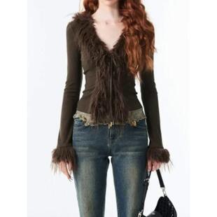 O 78722 Fur Trim V Neck Korean Style Sweater ëë߅�_��