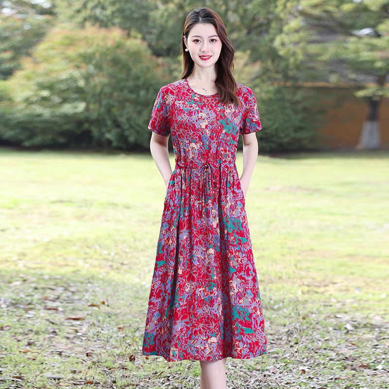 50岁60妈妈夏装棉绸连衣裙中老年圆领短袖大码女士中长款碎花裙子|undefined