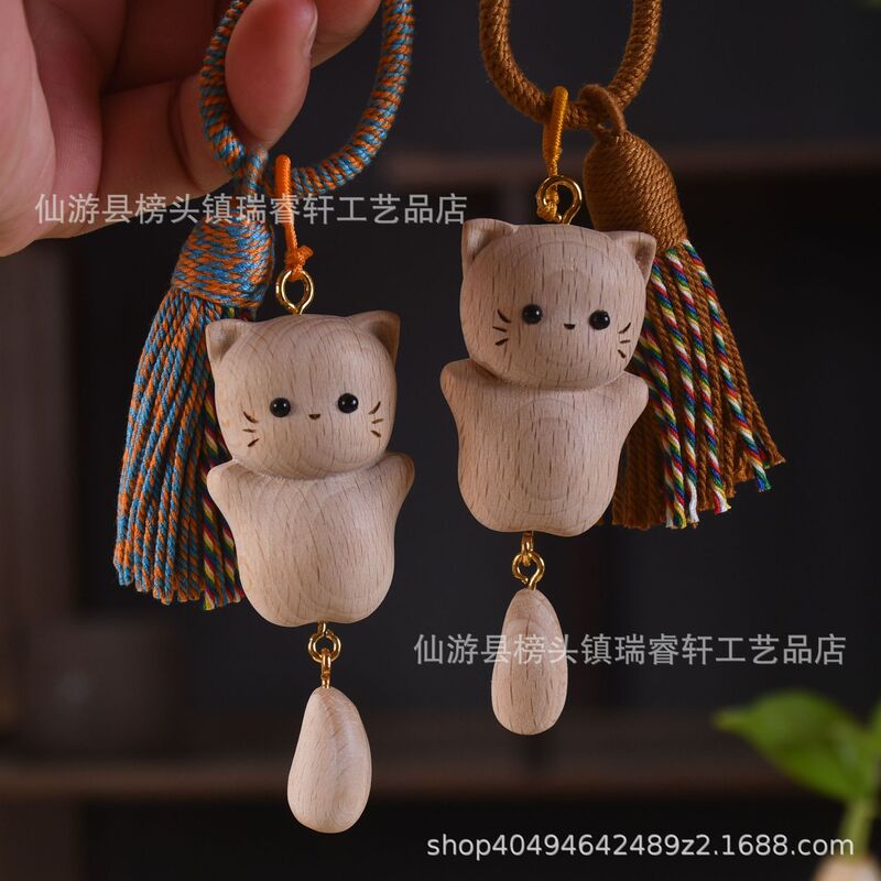 New Beech Wood Fortune Lucky Cat Bag Hanging DIY Tassel Keychain Cute Cartoon Pendant Wooden Decoration