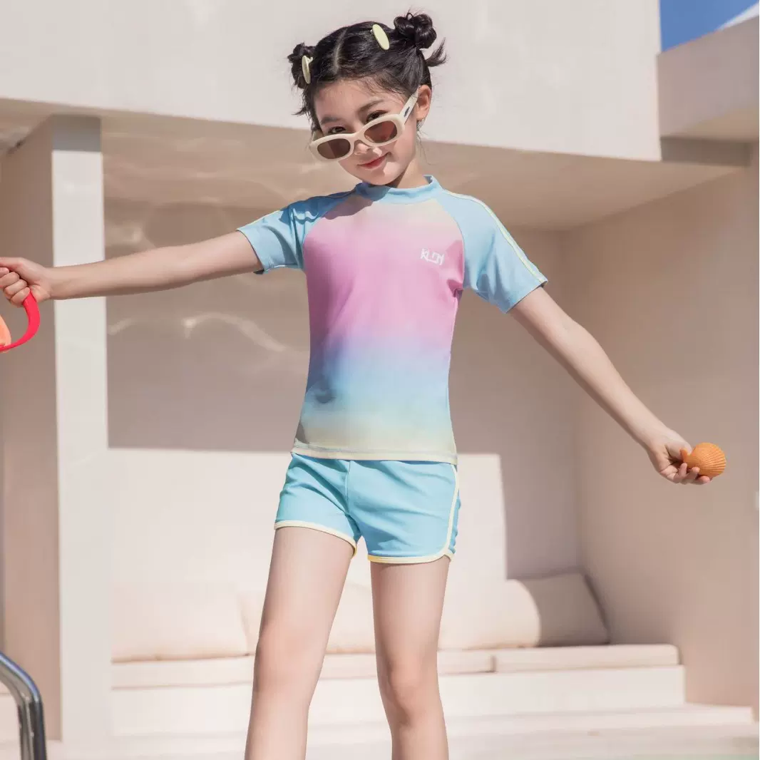 儿童泳衣速干运动泳装女童夏季短袖新款海边沙滩度假女大童泳衣