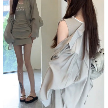 韩系中长款衬衫套装裙辣妹纯欲显瘦撞色字母皱褶背心连衣裙两件套