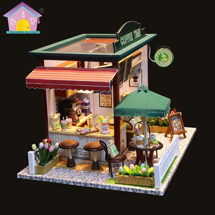 Tienda europea de madera hecha a mano modelo de casa de juguetes de café diy tiempo regalo transfronterizo