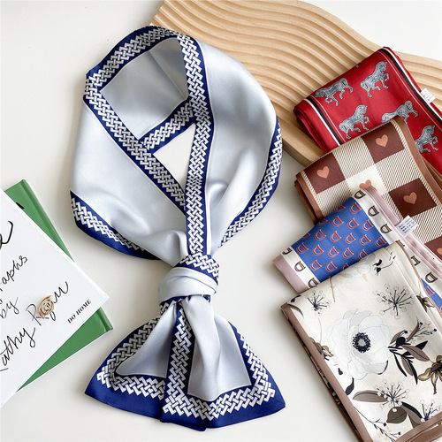 Long silk scarf for women in spring and autumn, versatile suit, neck decoration, neck gaiter, narrow scarf, Korean style bandage, hair ribbon