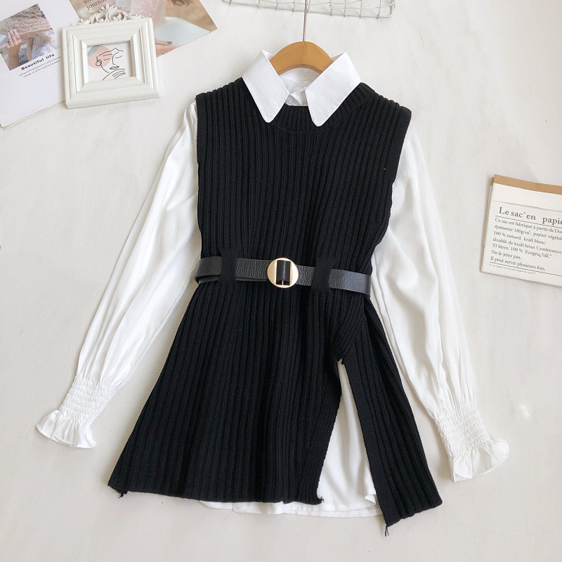 Femmes 2023 Printemps et Automne Nouvelle Grosse Sœur Style Occidental Chemise Gilet Tricoté Jupe Deux Pièces Ensemble_voghion.com