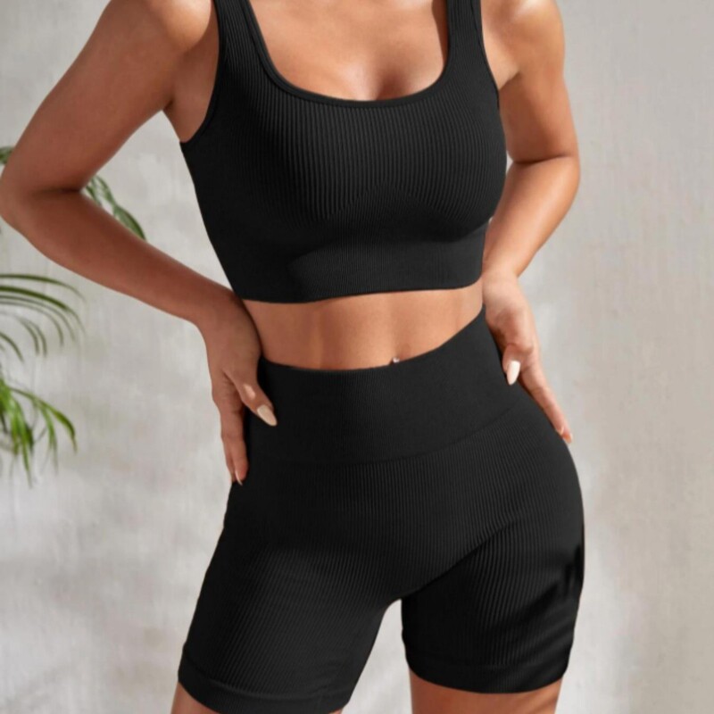 Yoga Basic Ribbed Knitted Sports Bra Shorts Set Tight High Waist Tummy Control Naked Feeling Running Yoga Pants