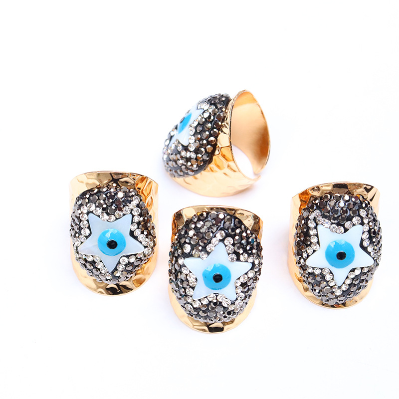 Copper Material Retro Streetwear Pentagram Devil's Eye Copper Inlay Natural Stone Shell Open Ring