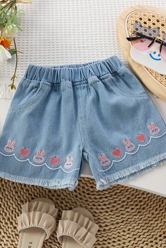 Girls' denim shorts new style children's high waist ripped holes medium and large children's outer wear wide hot pants thin