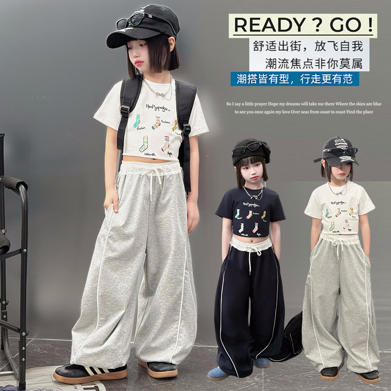 Girls' Wide-leg Pants suit Summer 2025 New Girls' Summer Sports Clothes Children's Short-sleeved Summer Wear