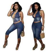 新抹胸挂脖系带牛仔七分裤套装MZ88643欧美跨境爆款弹力时尚女装