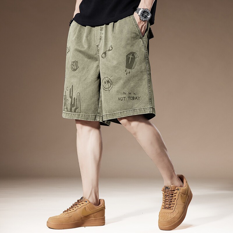 High-end American Style Personalized Graffiti Men's Shorts Summer Retro Washed Pure Cotton Loose Casual Tooling Pants for Men