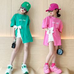 女童夏裝短袖T恤寶寶網紅洋氣兒童個性潮韓版開叉蝴蝶結中長上衣