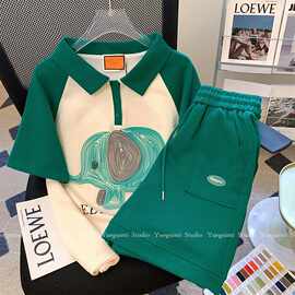 D6C休闲运动套装女polo领2025新款夏季撞色翻领短袖T恤短裤两件套