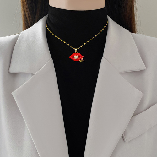 【Titanium Steel】Flame red lips Zircon Light luxury temperament Gorgeous full diamond necklace for women versatile clavicle chain Titanium steel chain