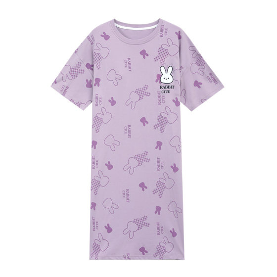 Summer Nightgown Women's Nightgown with Chest Pad Short-sleeved Pullover One-piece Large Size Nightgown Female Student's Imitation Cotton Sweet Home Clothes