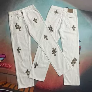 跨境直销批发潮流克十架皮标水洗牛仔裤情侣宽松春秋直筒长裤男女