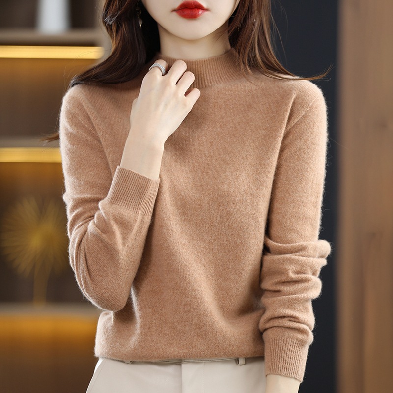 Suéter de punto nuevo para otoño e invierno para mujer, cuello medio alto, estilo corto, suéter básico grueso, jersey, prendas de punto holgadas de imitación de lana