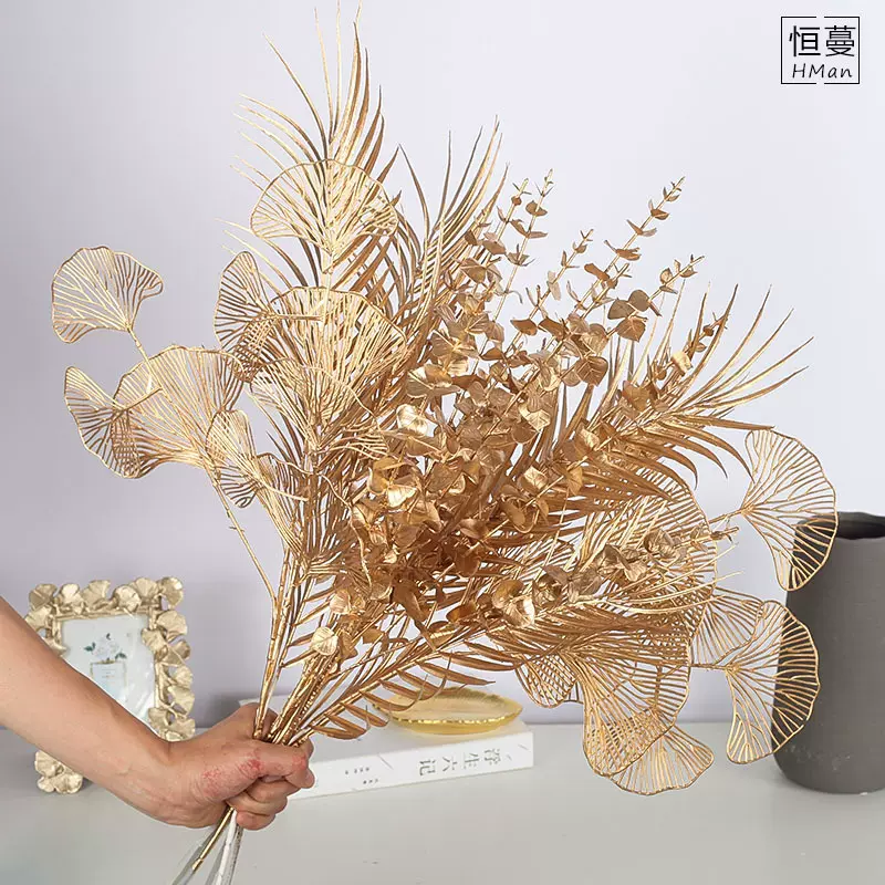 金色仿真花塑料花尤加利叶仿真花银杏叶新年福桶年宵花材假花批发