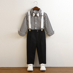 Children's Formal Dress Spring and Autumn British Striped Belted Pants for Boys Host Reading Performance Costume Long Sleeve Shirt Set