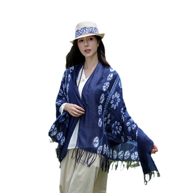 Primavera y verano nuevo artístico retro todo fósforo azul teñido bufanda algodón y lino sensación bufanda Yunnan viaje protector solar chal para mujeres