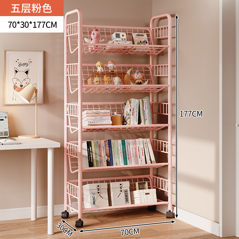 Estante de libros para niños Estante de almacenamiento de hierro forjado contra la pared Estante de almacenamiento de piso Estante de ruedas plegable móvil junto al escritorio