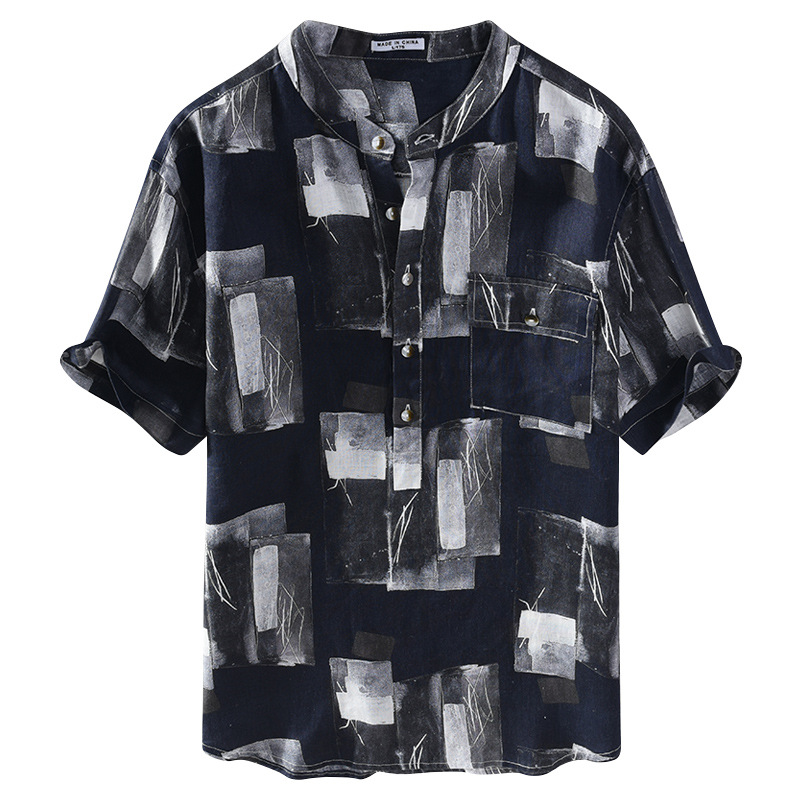 Men's Linen Short Sleeve Shirt Chinese Style Printed Pullover_voghion.com