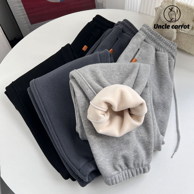 580G 폴라 플리스 가을과 겨울 기모 발가락 바지 여성 바지 패딩 바지 높은 허리 드로 스트링 스트레이트 레그 스포츠 바지