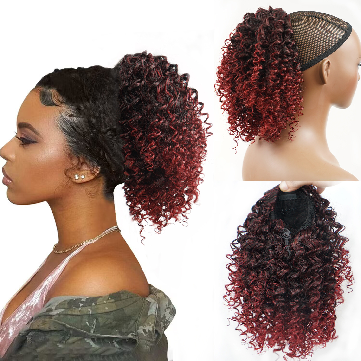 Synthetic hair Chemical fiber high-temperature silk wig short hair explosive head curly drawstring ponytail_voghion.com