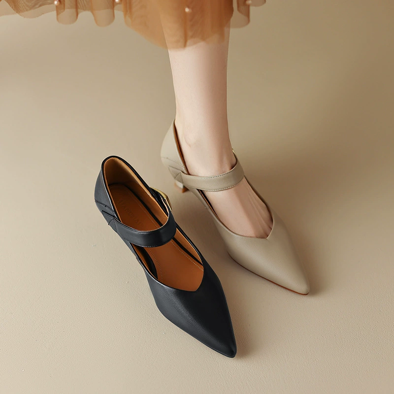 Художественные Ретро туфли Мэри Джейн с пряжкой из одного слова 2023 весна и осень новые черные туфли на высоком каблуке с острым носком для женщин