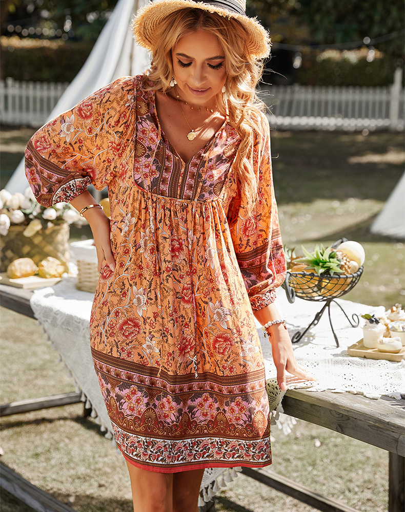 V Neck Long Sleeve Loose Lace-Up Flower Print Dress NSDY114682