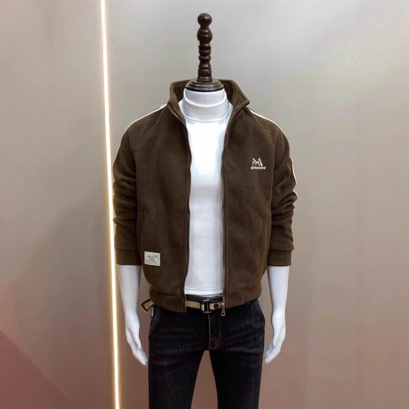 2025 Autumn/Winter New Men's Jacket Slim Fit Stand Collar Color Block Fleece Lined Thick Versatile Casual Jacket for Young and Middle-Aged Men Trendy
