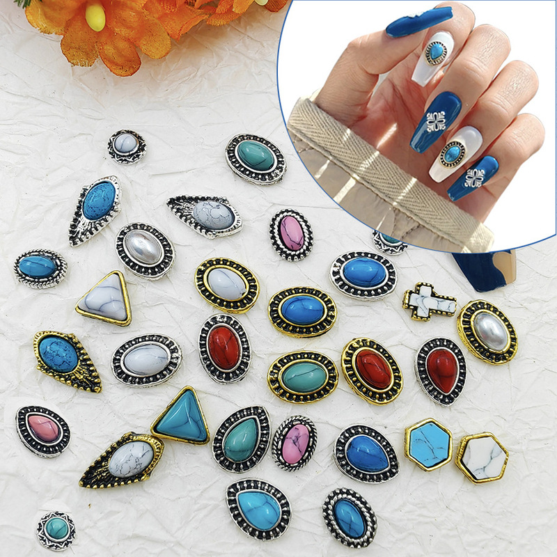 Cross-border Japanese retro palace manicure jewelry metal oval round Jane resin imitation turquoise alloy nail drill Cross-border Japanese retro palace manicure jewelry metal oval round Jane resin imitation turquoise alloy nail drill