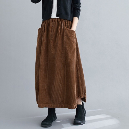 Retro corduroy semi-slip dress for women - new autumn style, loose and flattering, versatile and youthful - medium-length casual skirt