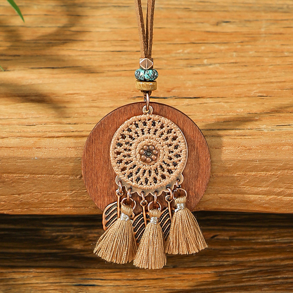 Bohemia Dream Catcher borla pendientes collar de madera estilo étnico largo borla colgante accesorios suéter cadena