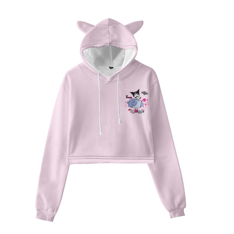 New Foreign Trade Anime Kuromi Element Pink 1 Print Cropped Hoodie Long-Sleeve Spring and Autumn Style