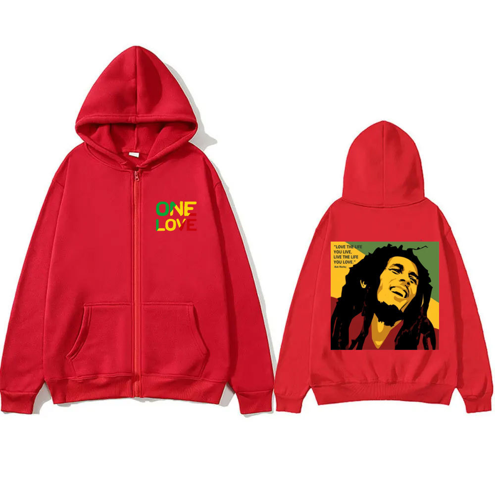 Reggae Originator Bob Marley One Love Graphic Zipper Hoodie