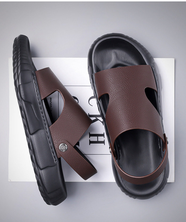 Dép sandal nam da bò lớp đầu mũi hở đế dày, dép đi biển da mềm đế êm — GA05 màu nâu, GA05 màu đen chi tiết 4