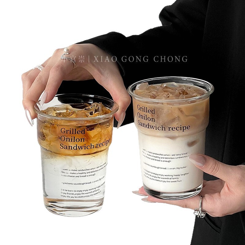 ins风反口透明玻璃杯高级感字母咖啡杯大容量冷饮杯果汁杯牛奶杯|undefined