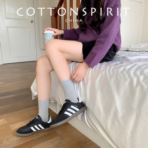 Edge-turning patterned vertical stacker socks for girls, mid-calf, trendy cotton, autumn/winter, Japanese style, basic solid color socks.