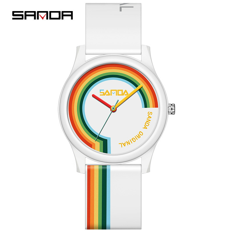 Reloj electrónico de silicona de malla de arco iris Sanda para estudiantes de secundaria hombres y mujeres de moda minimalista reloj de pareja impermeable de moda
