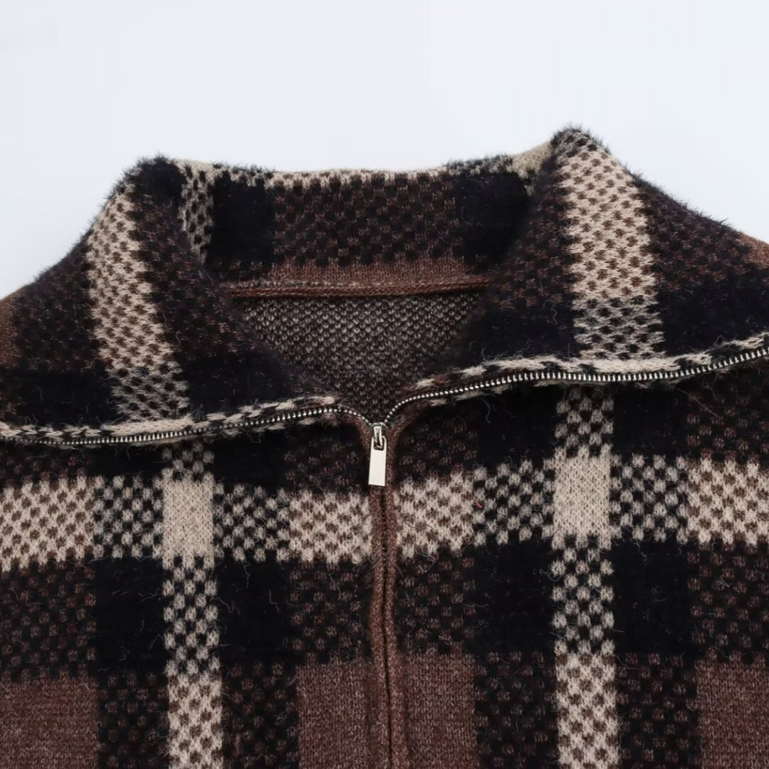 Women's clothing 2024 autumn and winter new street fashion plaid zipper sweater jacket_voghion.com