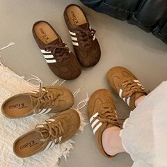 复古绒面拼色穆勒鞋2025年秋季新款平底包头半拖鞋女外穿休闲女鞋