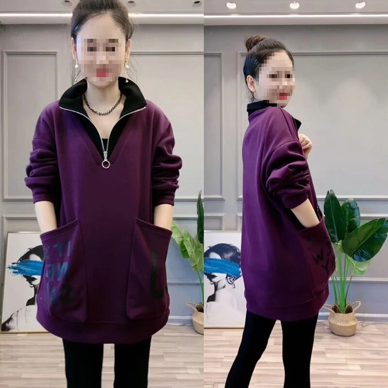 假两件卫衣女2025秋季新款洋气宽松显瘦立领中长款外贸休闲上衣潮|undefined