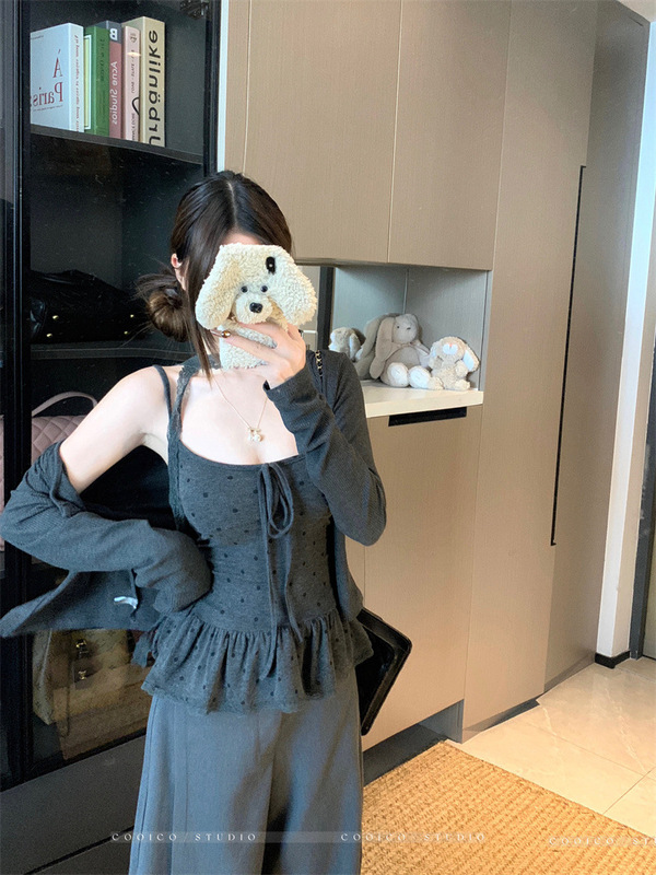 实拍 2025秋季韩版针织开衫女波点蝴蝶结绑带吊带打底衫两件套女|undefined
