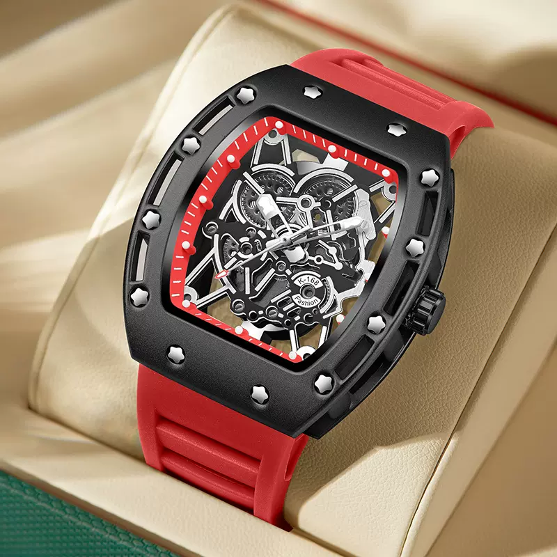 金诗顿外贸跨境手表学生夜光防水镂空石英表酒桶形男士手表男表