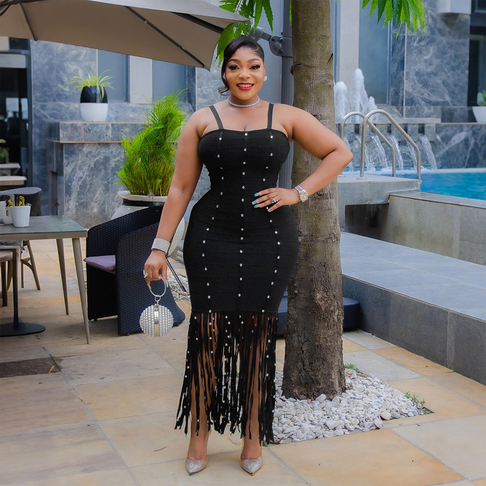 CY902042外贸跨境欧美时尚新款 性感吊带流苏包臀连衣裙女装泡珠