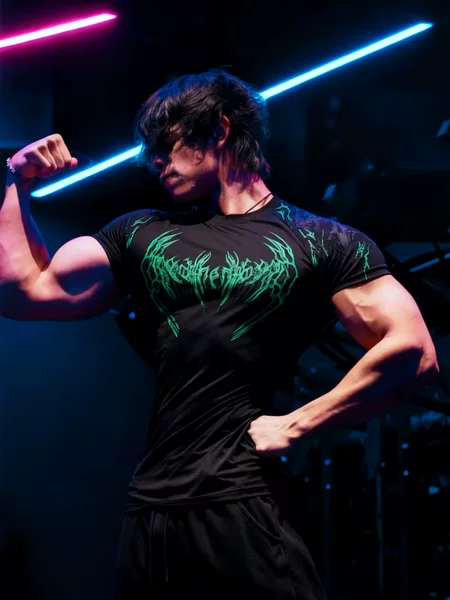 Men's American High Street Dark Style Flame Thorn Print Short-Sleeved T-Shirt Tight-Fitting Fitness Wear Quick-Drying Sports Top