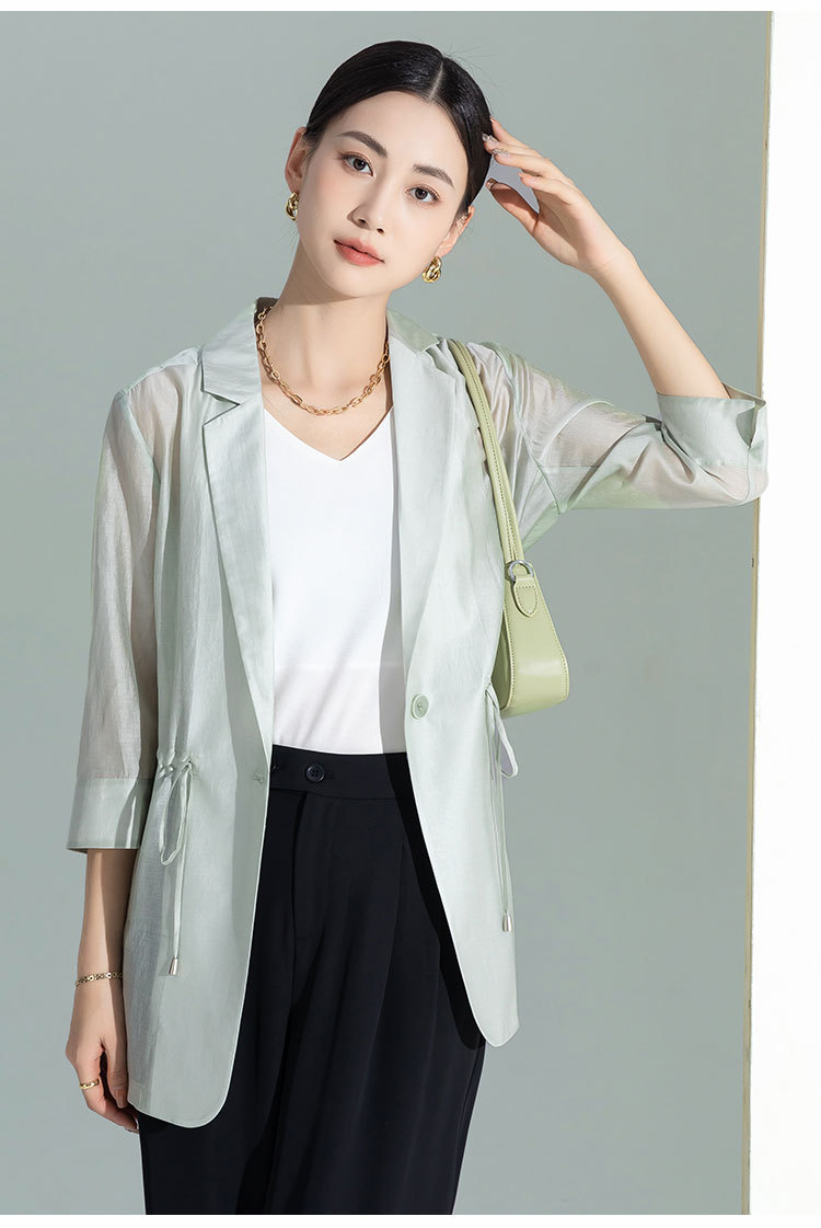 Áo khoác blazer nữ cổ lật dây rút chất liệu Leisel mỏng nhẹ mùa hè — Màu trắng chi tiết 8
