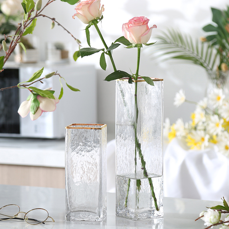 歐式錘紋方型金邊玻璃花瓶插花器客廳臥室家居網紅ins風裝飾擺件