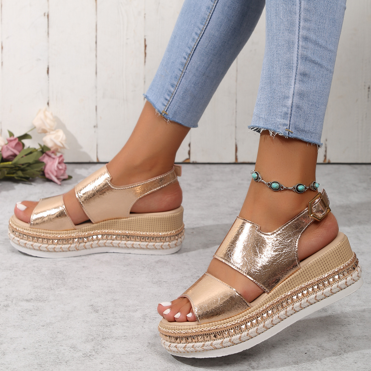 Groß für Damen, Sommer, neuer Stil, Ein-Wort-Schnalle, mit dicker Unterseite, Fischmaul, Römersandalen_voghion.com
