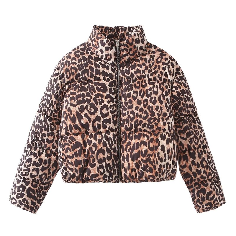 2024 Autumn and Winter New Amazon Cross-border European and American Leopard Print Down Cotton Cotton Women's Vertical Collar Bread Coat 2024 Autumn and Winter New Amazon Cross-border European and American Leopard Print Down Cotton Cotton Women's Vertical Collar Bread Coat